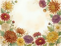 Autumn chrysanthemum flowers frame with colorful blooms in warm fall colors creating decorative border on textured background for seasonal greeting cards.