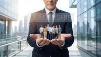 Professional businessman in suit holding miniature diverse team in hands representing leadership and human resources management in modern corporate office environment.