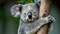 Adorable koala bear close-up portrait showing facial features and furry paws while holding onto eucalyptus tree branch against natural green background.