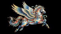 Ornate winged horse with decorative gold and blue patterns, isolated on transparent background. Ready for t-shirt design, clipart, stickers, sublimation, and print-on-demand products.