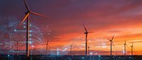 Wind turbines generating renewable energy at sunset with digital technology overlay representing smart grid and sustainable power infrastructure for environmental solutions.
