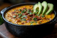 Mexican frittata with avocado slices in cast iron skillet, colorful egg dish with herbs and vegetables for breakfast brunch cooking recipes.