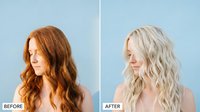 Hair transformation from brunette to blonde showing dramatic color change makeover process for salon styling and beauty treatments.