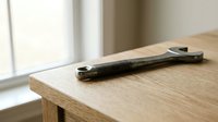 Professional black tactical folding knife with textured handle resting on wooden surface near window. Sharp blade tool for outdoor activities and utility use.