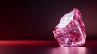 Raw pink diamond crystal on red surface with dramatic lighting, showcasing natural mineral formation and luxury gemstone characteristics in professional jewelry photography setup.