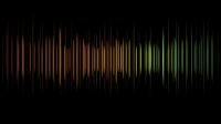 Colorful vertical sound waves on black background, audio spectrum visualization in orange and green gradient colors showing dynamic music frequency pattern.