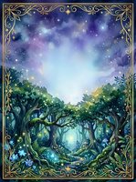 Enchanted forest clearing with ancient trees, glowing magical lights, and starry night sky above, framed with ornate gold decorative border, isolated on dark background for design projects.