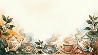 Vintage teapots and cups with steam and botanical elements arranged on cream background, suitable for tea packaging, cafe menus, and kitchen decor designs.