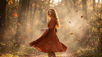 Young Caucasian woman in flowing burgundy dress dancing outdoors in golden autumn sunlight with falling leaves creating magical atmospheric moment.