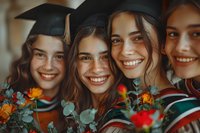 Joyful female graduates in academic caps holding vibrant bouquets smile during graduation ceremony. Natural warm lighting captures authentic celebration moment.