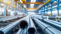 Metal steel pipes stacked in industrial warehouse facility with overhead crane. Manufacturing and metallurgy production line showing rows of cylindrical tubing.