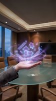 Hand holding glowing purple puzzle pieces and business icons with digital light effects in modern office conference room for corporate strategy and teamwork concepts.