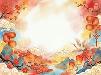 Lunar new year celebration frame with red lanterns, cherry blossoms, and traditional ornaments on watercolor background. Isolated design element for greeting cards and festive projects.