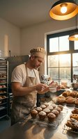 Caucasian male baker in apron dusting powdered sugar over fresh muffins in a sunlit artisan bakery kitchen with bread on racks.