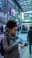 Young Black female professional wearing casual jacket and backpack interacting with holographic display in modern urban transit station with digital screens and commuters.