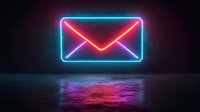Glowing neon mail envelope sign with red and blue lights reflecting on dark surface, modern communication concept for digital marketing and newsletters.