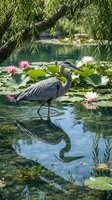 Great blue heron wading in tranquil pond with pink water lilies and weeping willow branches, perfect reflection in calm water creating serene nature scene.