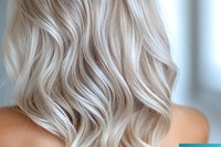 Close up view of platinum blonde wavy hair showing soft curls and highlights on light background, demonstrating professional hair coloring and styling technique.