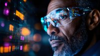 Mature African American businessman wearing augmented reality glasses with digital interface reflections against blurred neon city lights background.
