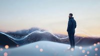 Silhouette of man standing on mountain peak at sunset with digital wave visualization, representing technology connection and future vision.