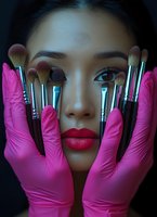 Young Asian woman wearing bright pink protective gloves holds professional makeup brushes near face against dark background, highlighting bold red lips and flawless skin.