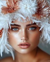 Young woman with striking blue eyes wearing white and peach feather headdress crown. Artistic beauty portrait with soft natural makeup and glowing skin.