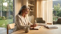 Woman in beige blazer working at wooden desk with coffee cup, notebook, and laptop in bright modern home office with garden view and natural light.