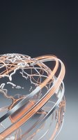 Abstract glass sphere with copper wire network and flowing ribbons on gradient background for modern technology and connectivity concepts.