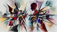 Dynamic abstract composition with explosive angular forms radiating from center in vibrant watercolor style with geometric shapes and energetic movement.