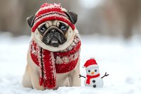 Adorable pug dog wearing red knitted winter hat and scarf sitting in snow next to small snowman toy during cold season outdoor portrait.