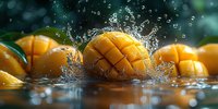 Fresh ripe mango chunks splashing in water with dynamic water drops and motion effect against dark background, dramatic food photography with bokeh.