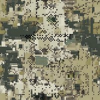 Digital camouflage pattern in olive green and beige tones with pixelated dots and squares creating military style seamless textile design for uniform fabric.