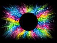 Vibrant rainbow music explosion with colorful swirls, musical notes and treble clefs radiating from black center circle on dark background for creative designs.