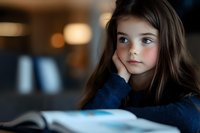 Young caucasian girl with long brown hair and blue sweater daydreaming while studying, resting head on hand, looking away thoughtfully in moody lighting.