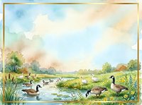 Watercolor painting of geese swimming and grazing in a serene wetland landscape with lush green vegetation, cattails, and soft golden sunlight filtering through clouds.