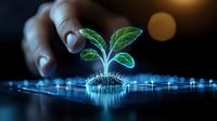 Glowing digital plant seedling emerging from circuit board with hand reaching towards it, representing growth of green technology and artificial intelligence.