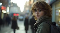 Young woman with tousled blonde hair wearing scarf and jacket on busy urban street with blurred city background during golden hour.