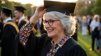 Senior Caucasian woman in graduation cap and gown celebrating academic achievement at outdoor ceremony with warm sunlight and blurred crowd background.