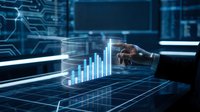 Young male professional in business attire analyzing holographic financial charts and growth statistics in futuristic digital workspace environment for corporate analytics and data visualization.