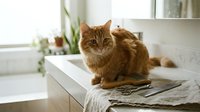 Orange tabby cat sitting on kitchen counter with natural lighting creating cozy domestic atmosphere for pet care and home lifestyle content.