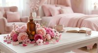 Aromatherapy essential oil bottle with pink roses and flowers on white table in cozy bedroom interior for relaxation and wellness spa treatment.