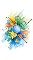 Digital technology hub with colorful watercolor splash, geometric shapes and arrows radiating from central blue sphere for modern business presentations.