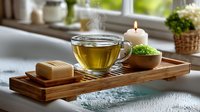Steaming herbal tea in glass cup on wooden bath tray with soap and bath salts, creating relaxing spa atmosphere by window with natural light.