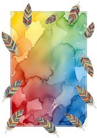 Watercolor gradient background with rainbow colors flowing from yellow to blue, decorated with ornamental feathers in tribal patterns around white frame border.