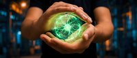 Hands holding glowing green energy sphere with digital network connections, representing innovation, technology, and sustainable power solutions for business concepts.