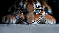 Adorable tiger cub with striking blue eyes lying down and looking directly at camera. Orange and black striped fur pattern with white markings on face and paws.