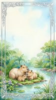 Watercolor capybara family resting by tropical pond with ornate decorative border frame for greeting cards and stationery design.