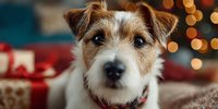 Adorable Jack Russell terrier dog with festive Christmas background, wrapped gifts and bokeh lights creating warm holiday atmosphere.