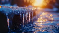 Frozen icicles hanging from edge at sunset with golden bokeh lights in background, winter nature close-up showing crystalline ice formation and melting water.