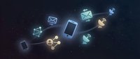 Digital communication icons floating in space with glowing effects including email, smartphone, and social media symbols for modern technology concepts.